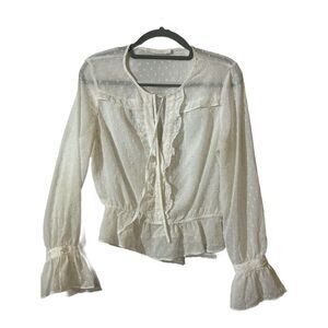 Lush  Sheer White Polka Dot Ruffle Peplum Blouse Long Sleeve M Cottage Coquette